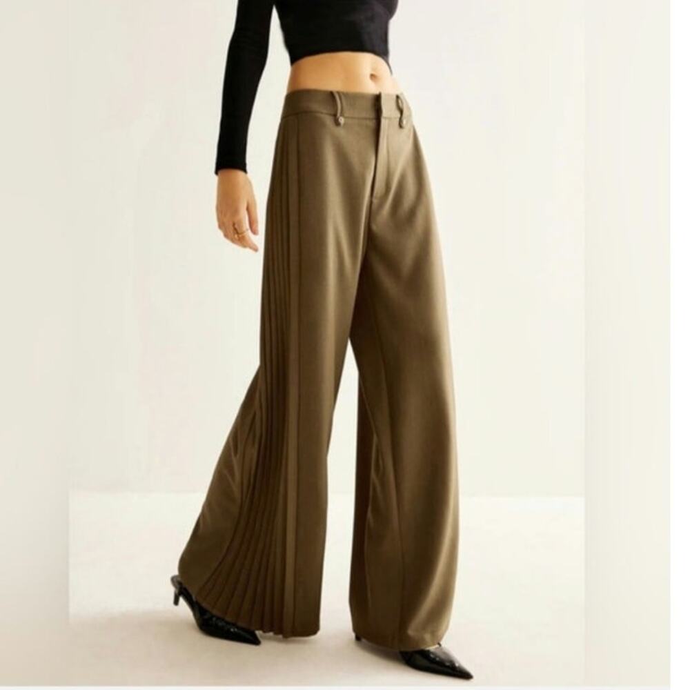 COMMENSE Pleated Side Wide Leg Trousers Tan / Camel Size L Office Siren,Chic